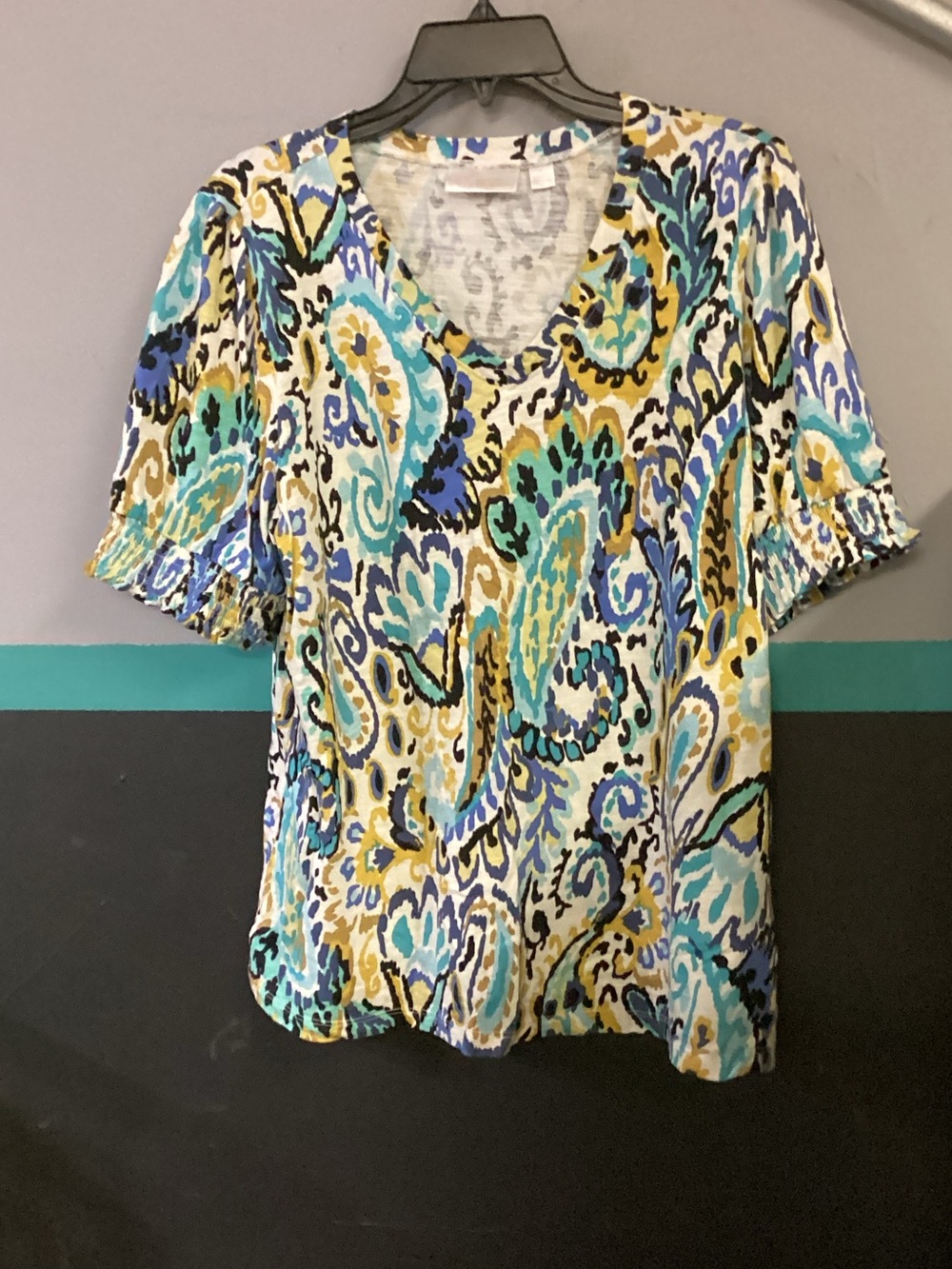 Belle by Kim Gravel Paisley V-Neck Short Sleeve Top in Blue, Teal, White & Gold